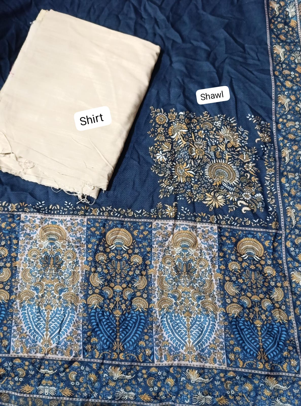 HussainRehar khaddar plain shirt with printed shawl