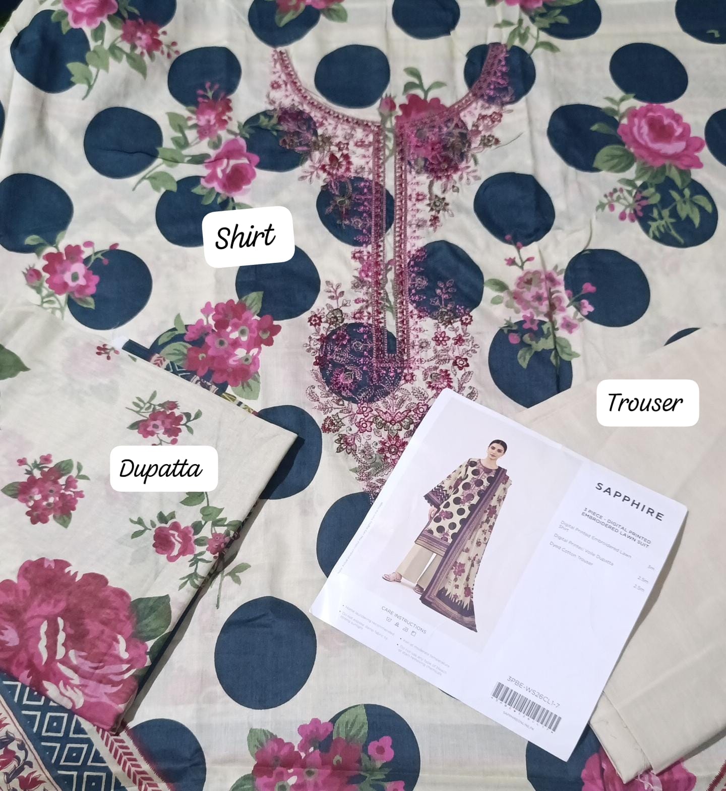 Sapphire lawn printed emb 3pc