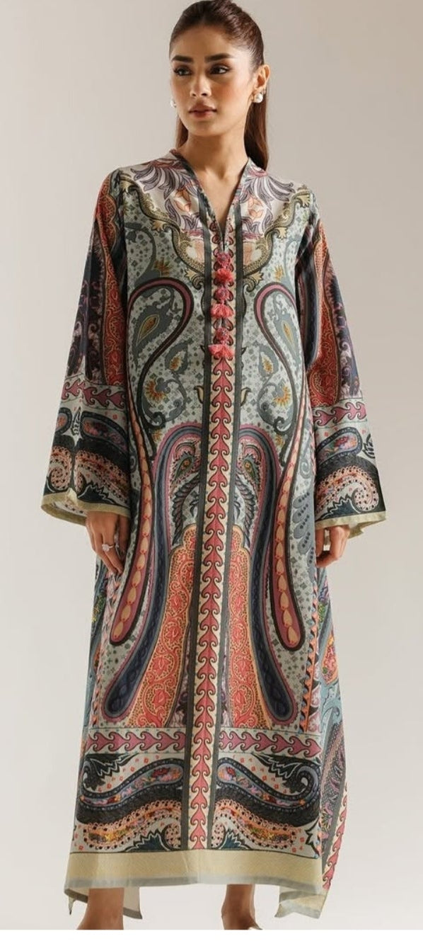 Ethnic lawn silk printed kaftan shirt unstitched