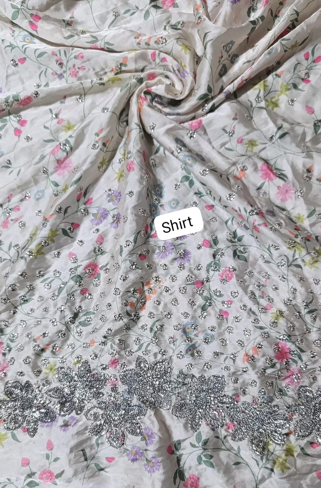 Hussain rehar silk printed emb shirt
