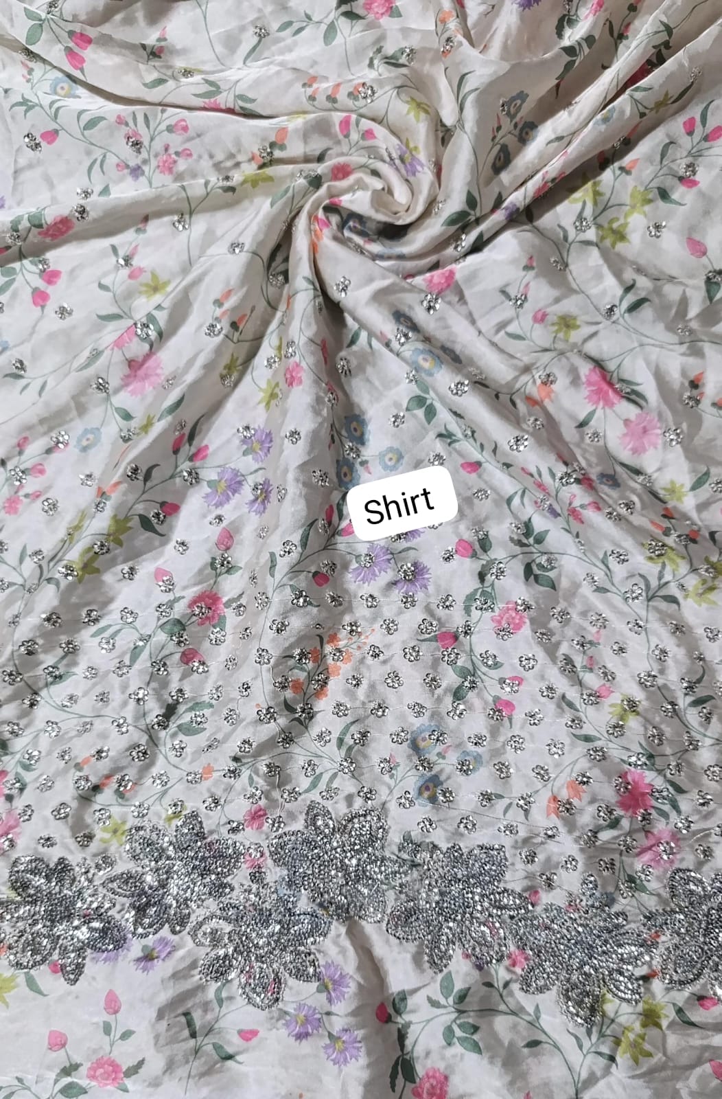Hussain rehar silk printed emb shirt